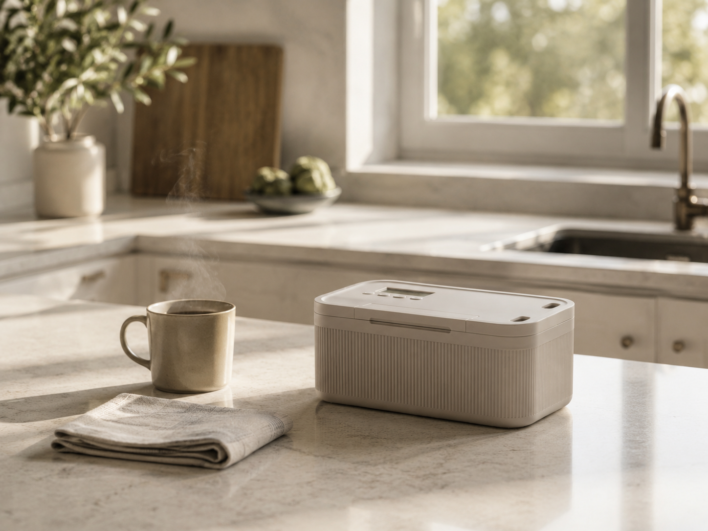 Calm morning kitchen counter with a small lockbox and a cup of coffee